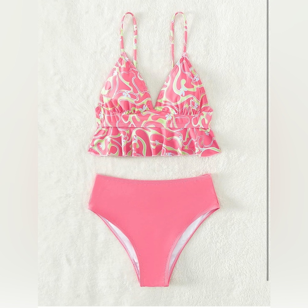 MakeMeChic Women's 2 Piece Floral Ruffle Trim High Waisted Bikini Size Medium